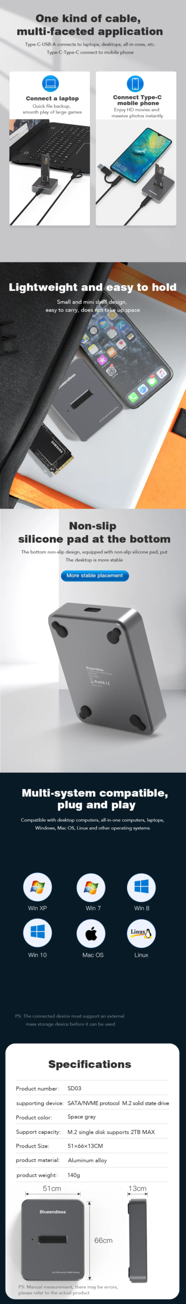 Blueendless m2 nvme docking station M key usb m 2 USB C SSD case NVME and NGFF hdd SSD docking station Solid